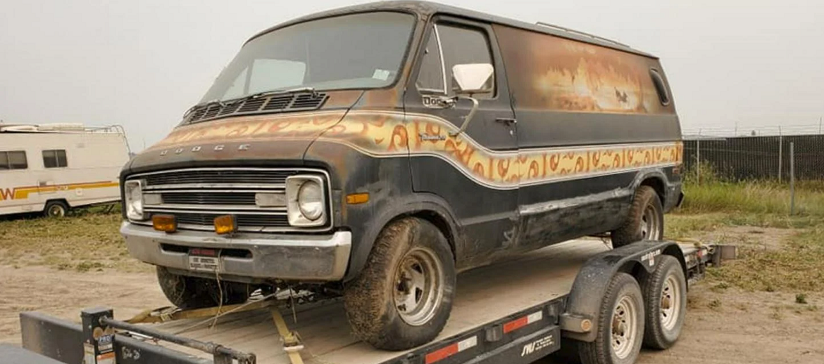 Vintage Dodge van on a trailer