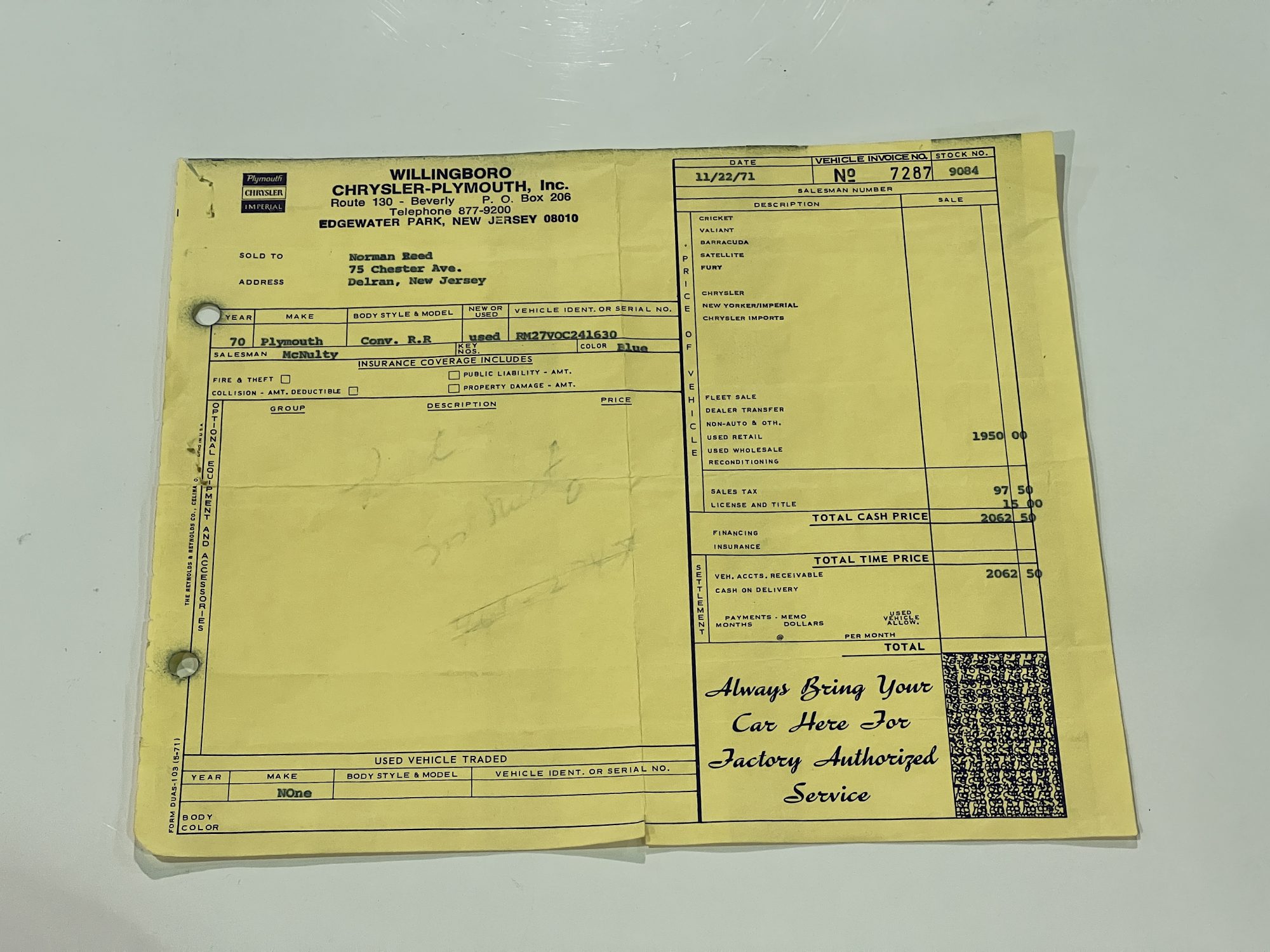 original receipt of purchase of vehicle