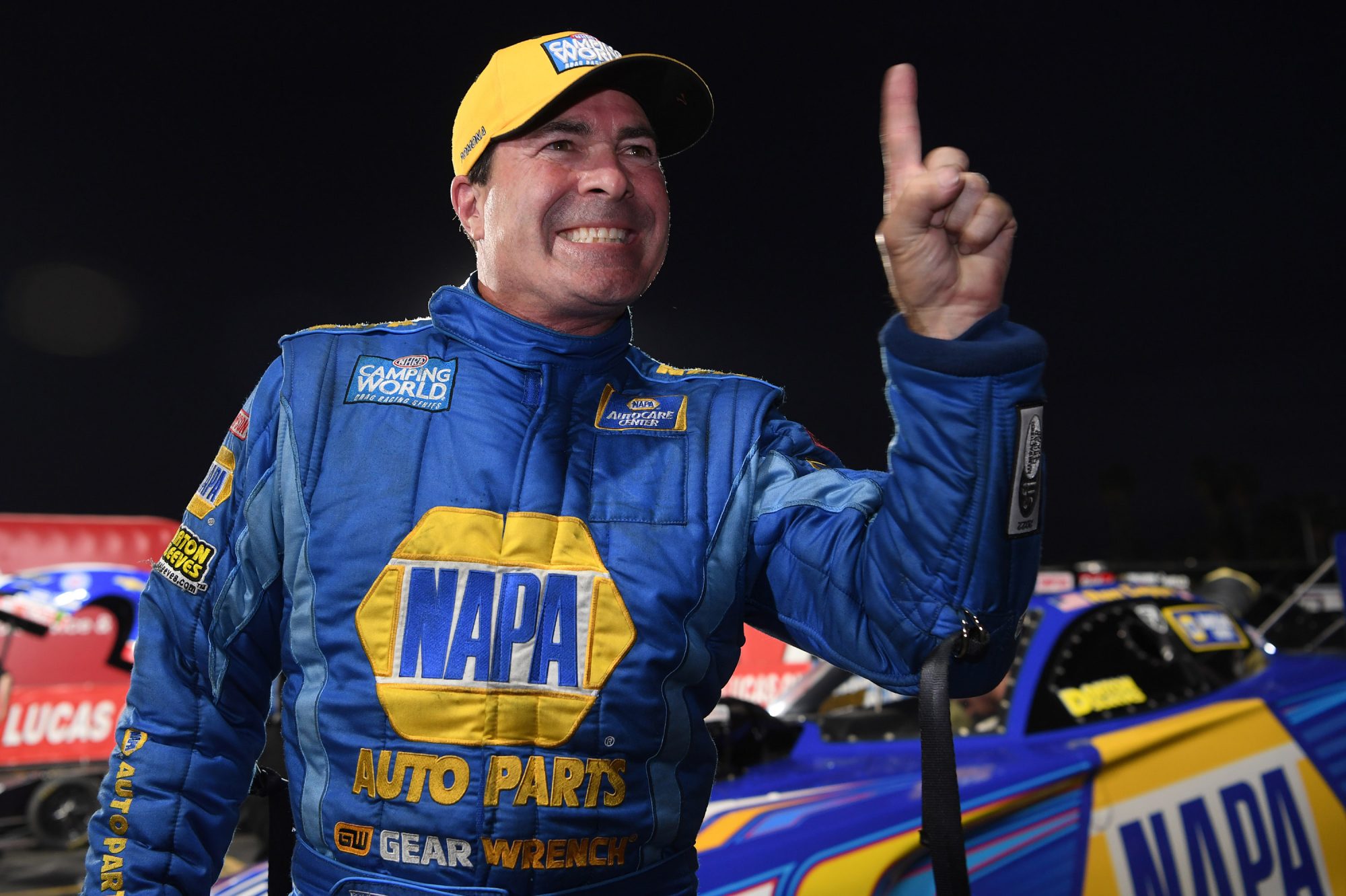 Ron Capps holding up one finger