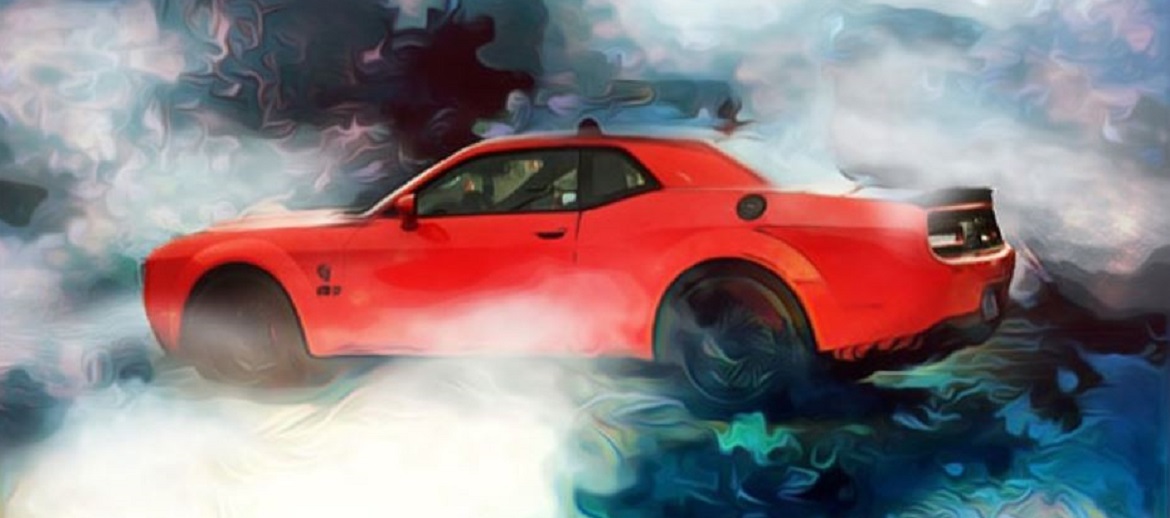 Painting of a Challenger doing a burnout