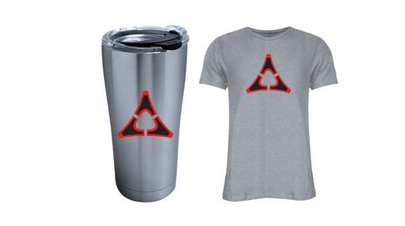 Fratzog logo on grey thermos and tshirt