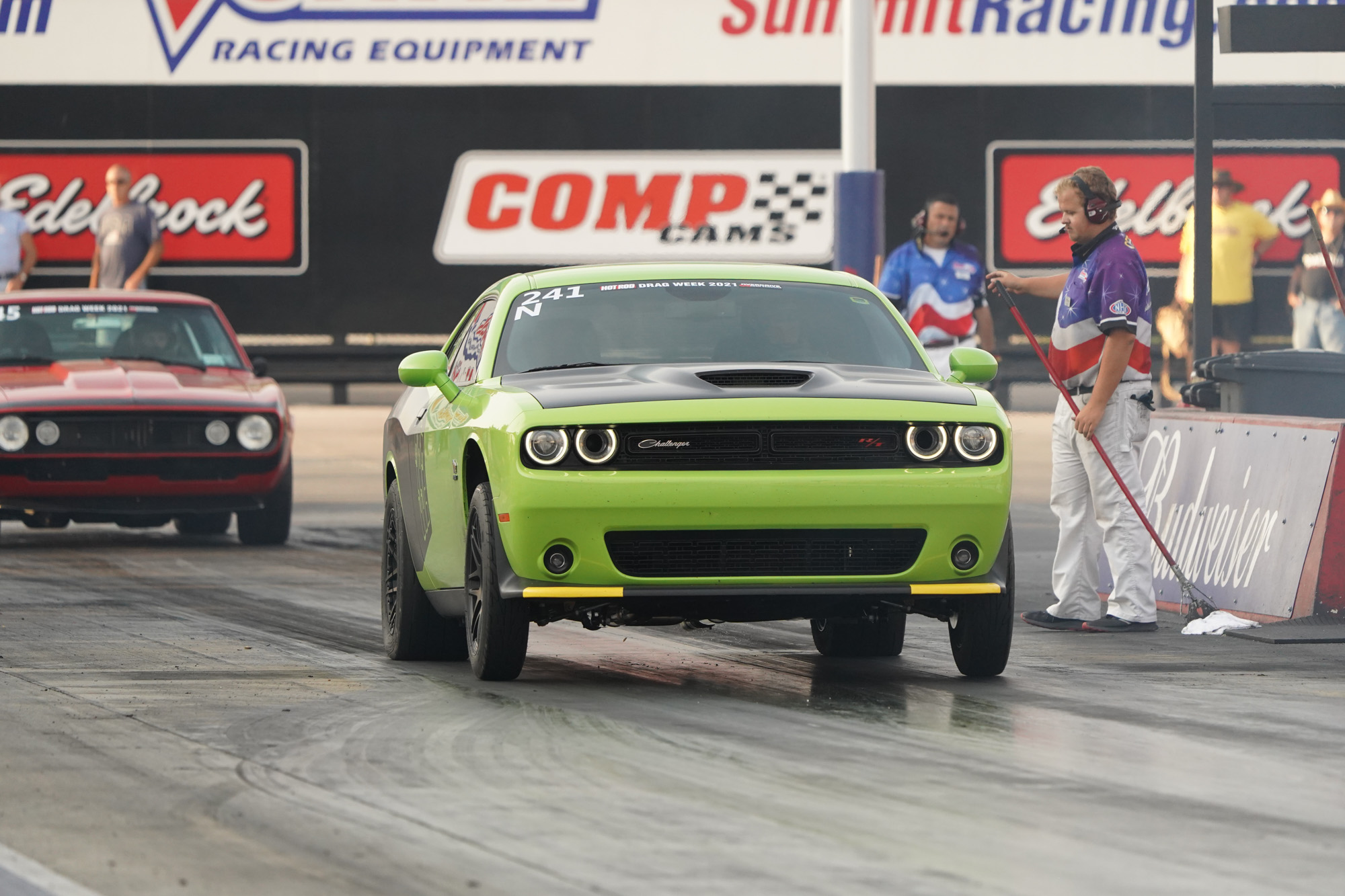 Green Challenger drag racing