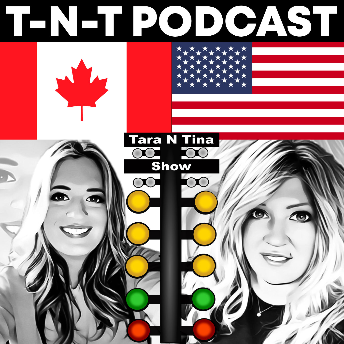 two women with a christmas tree and the us and canadian flags