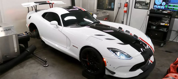 Dodge Viper hooked up to a hub dyno machine