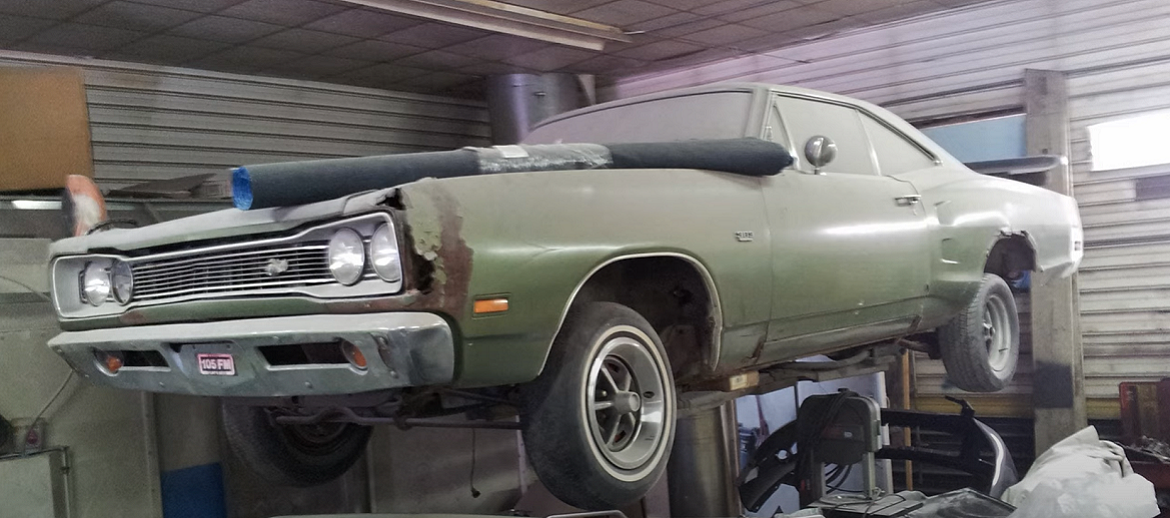 Vintage Dodge SuperBee on a lift