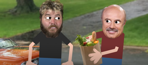 Two cartoon men with groceries