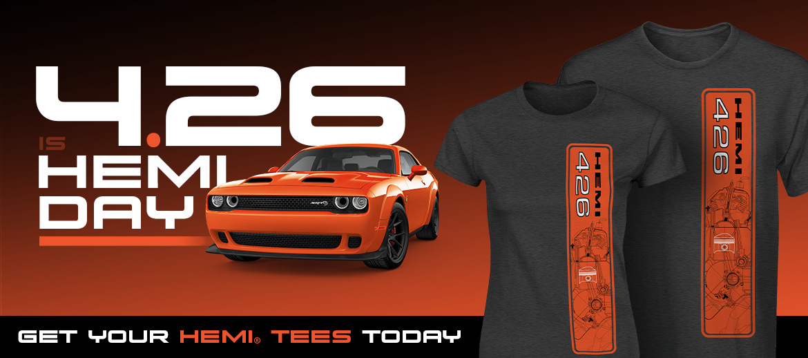 426 HEMI Day ad with t-shirt and challenger
