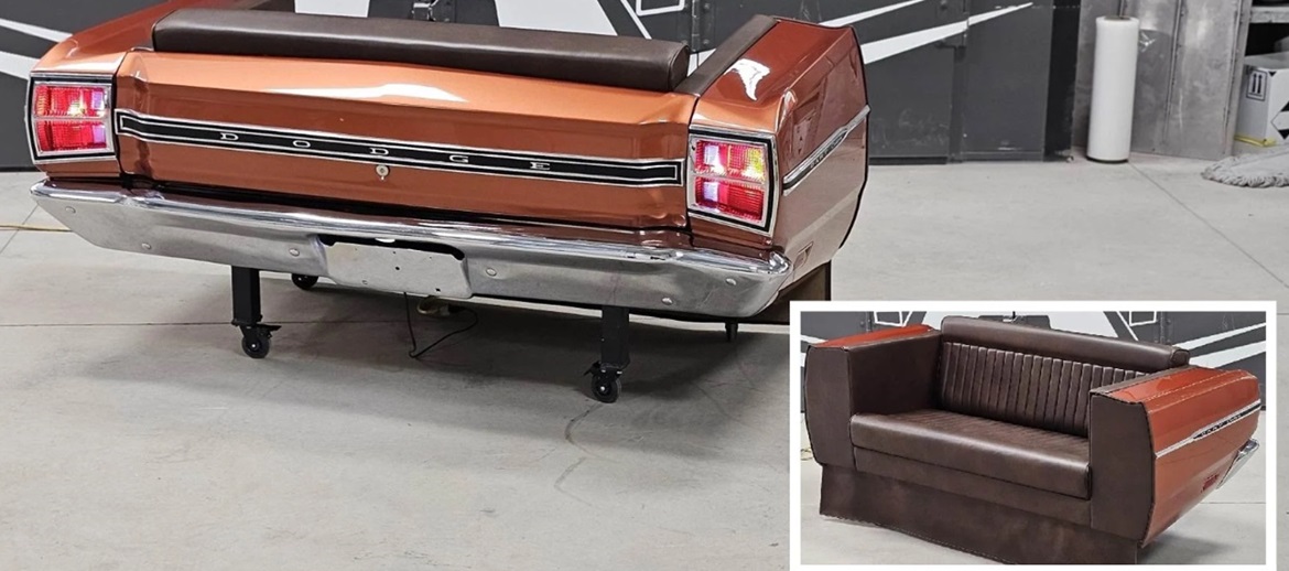 Rear end of a Dodge Dart made into a sofa