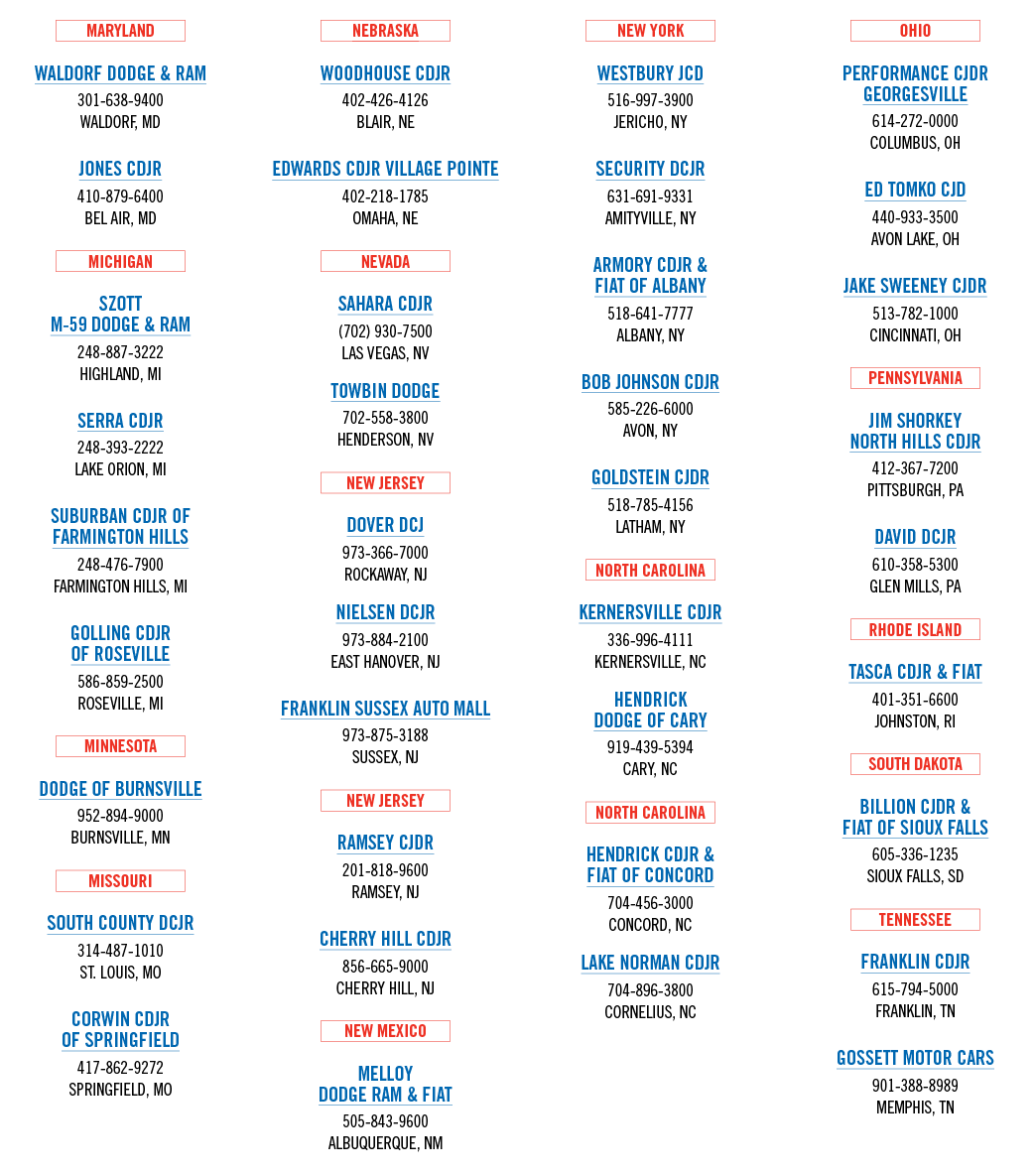 ￼ WALDORF DODGE & RAM 301 638 9400 WALDORF, MD JONES CDJR 410 879 6400 BEL AIR, MD ￼ SZOTT M 59 DODGE & RAM 248 887 3...